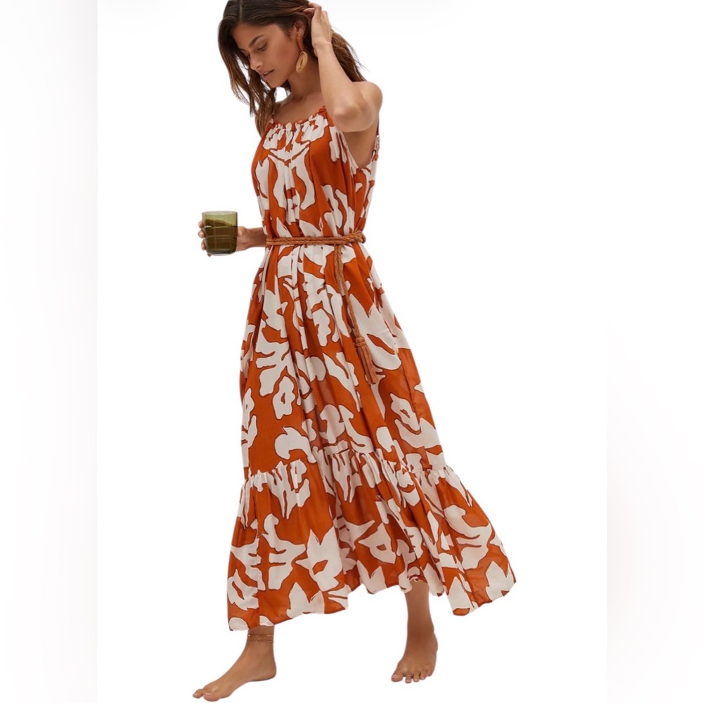Anthropologie Malika Tiered Sleeveless Print Maxi Dress Copper Medium NWT Boho